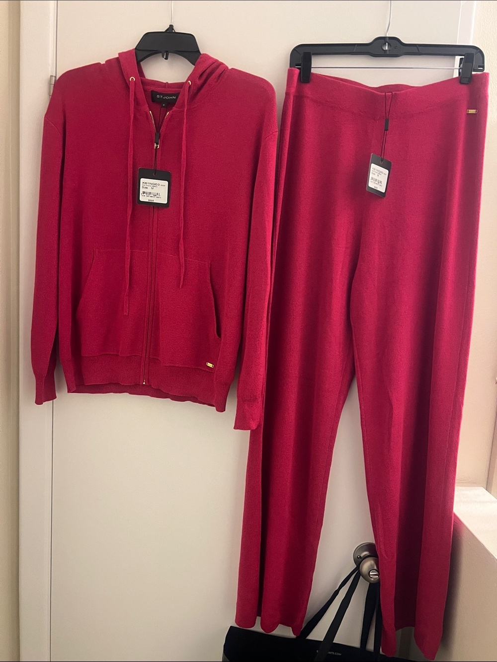 St. John Red Cashmere-Blend Zip Hoodie with Wide-Leg Pants Set